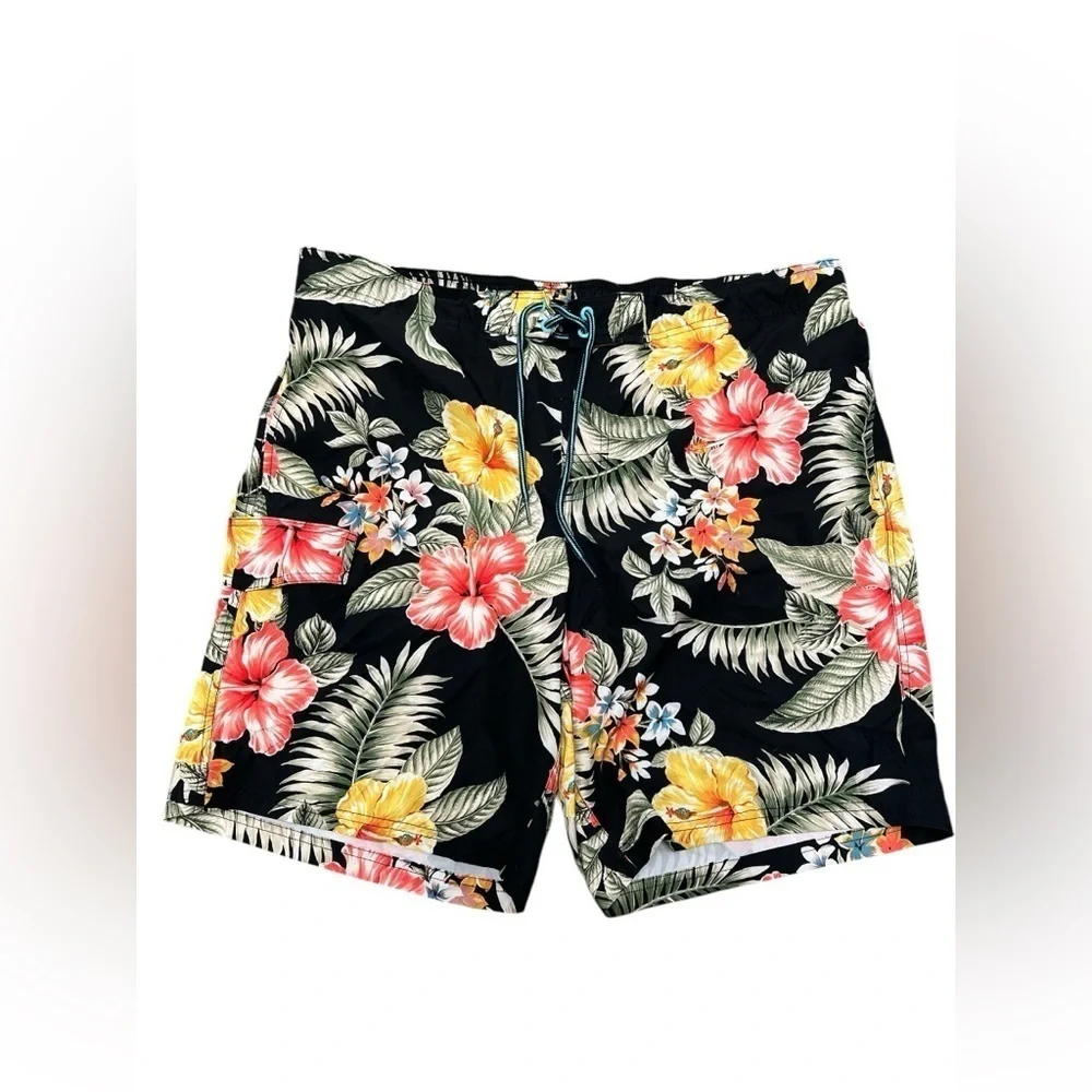 Black floral Hawaiian print swim trunks